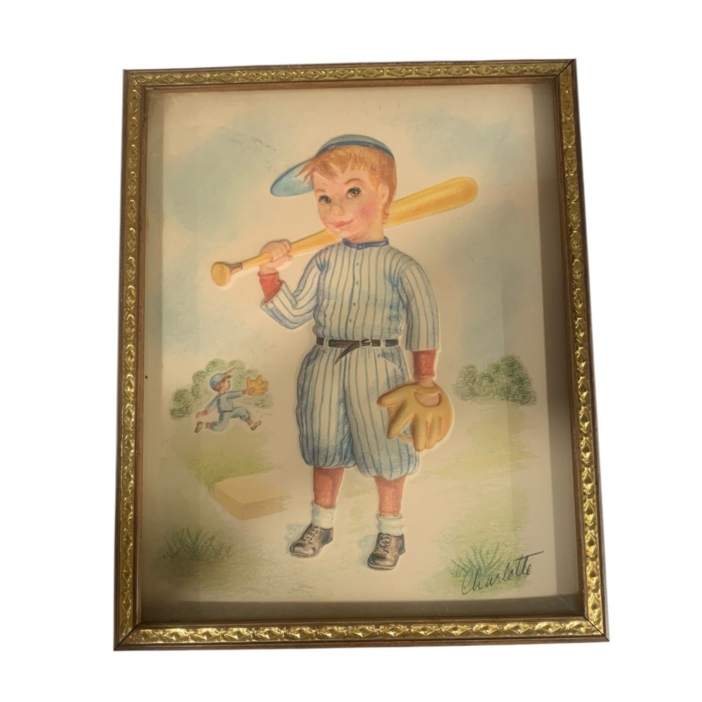 Vintage 50’s Charlotte Becker 3D Baseball boy framed print